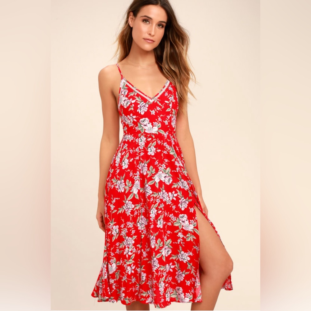 Lulu’s Esperanza Red Floral Print Midi Dress